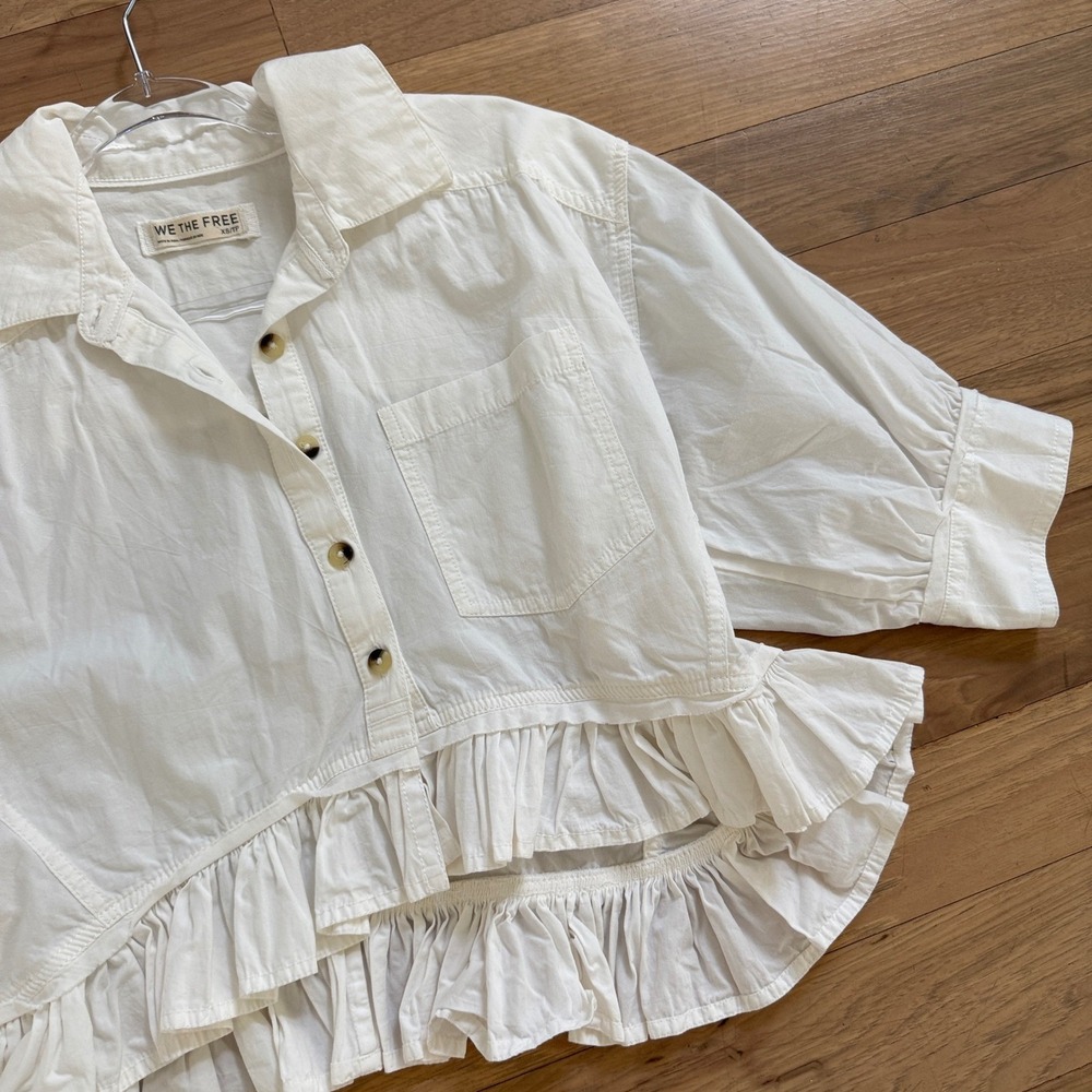 We The Free Bailey Shirt Women XS White Cotton Ruffle Hem Cropped OB2270386 - Picture 3 of 15